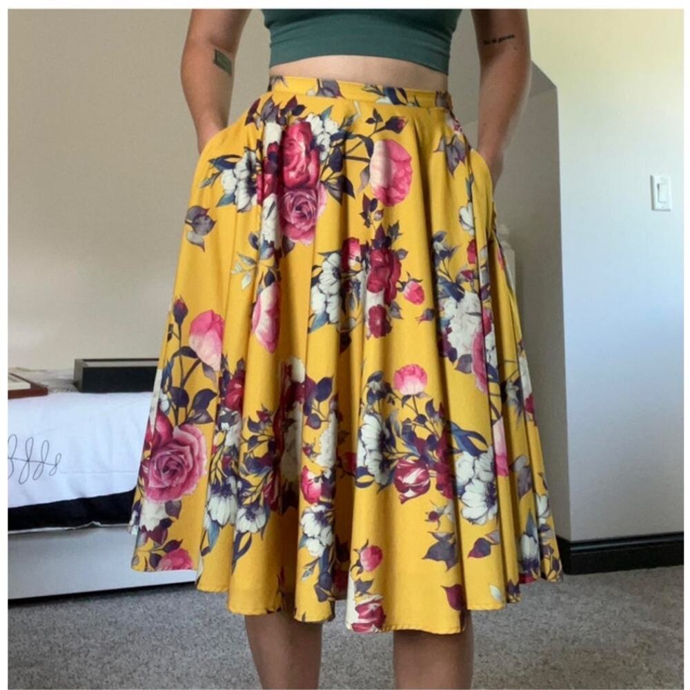 Myrtlewood Yellow Floral Midi Skirt Size 8 🌼 | Swing A-Line Skirt | Pockets |